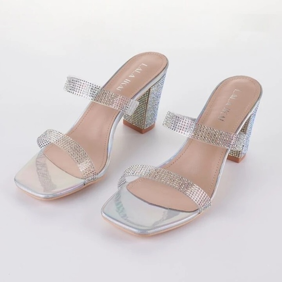 NWT LALA IKAI Women's Square Toe Heels, Sandals, Clear Straps With Rhinestones - Picture 2 of 15